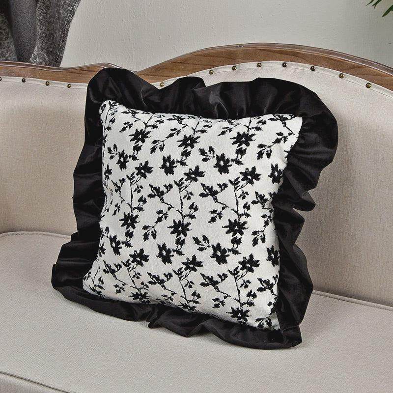 法式轻奢卧室网红黑白荷叶边抱枕套客厅沙发抱枕高级感床头靠枕套