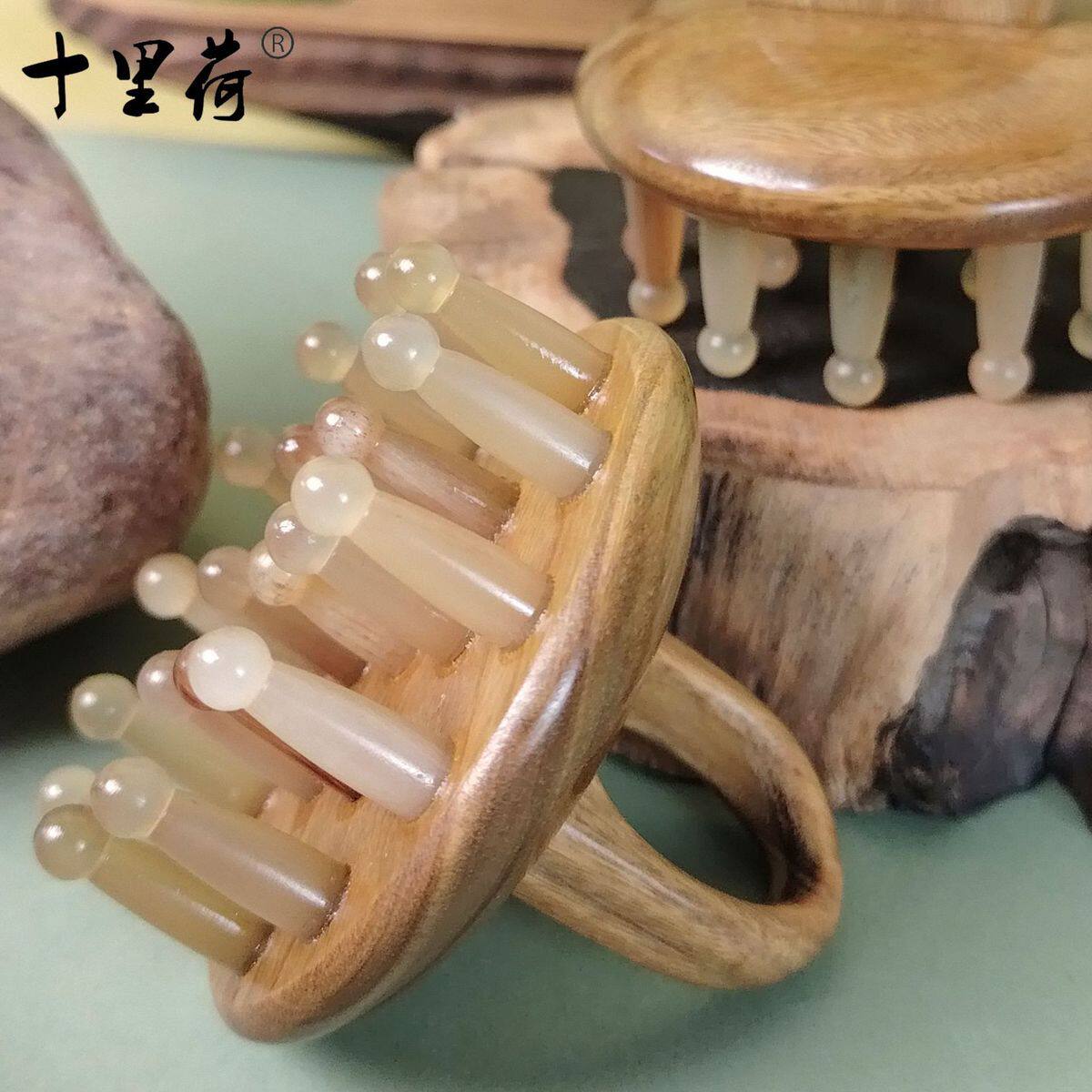 新品天然牛角梳按摩头皮家用绿檀19子防脱发助睡眠头部经络梳钉