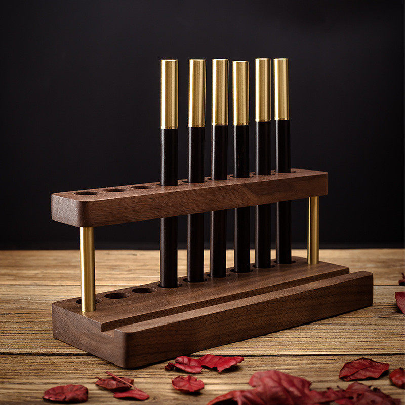 笔架多功能黑胡桃实木质支架桌面手机创意收纳黄铜签字钢笔办公室