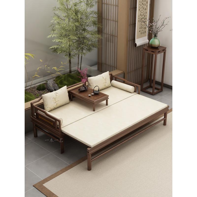 a*新中式原木推拉床白蜡木小户型客厅沙发床榻禅意罗汉床实木贵妃