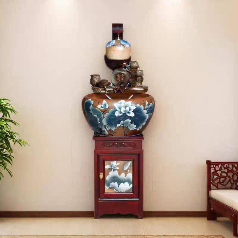 中式手绘落地带灯柜式循环流水客厅金鱼缸造景装饰陶瓷鱼缸摆件