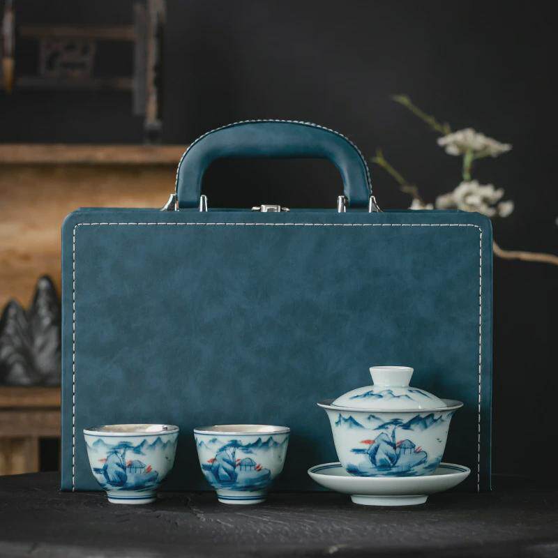 李斌鎏银玉泥青花瓷山水工笔画三才茶杯盖碗一壶二杯品茗杯个人杯