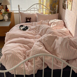 水洗棉复古条纹系四件套 ins宿舍主风全棉清新学院博3件 春藤莫顿