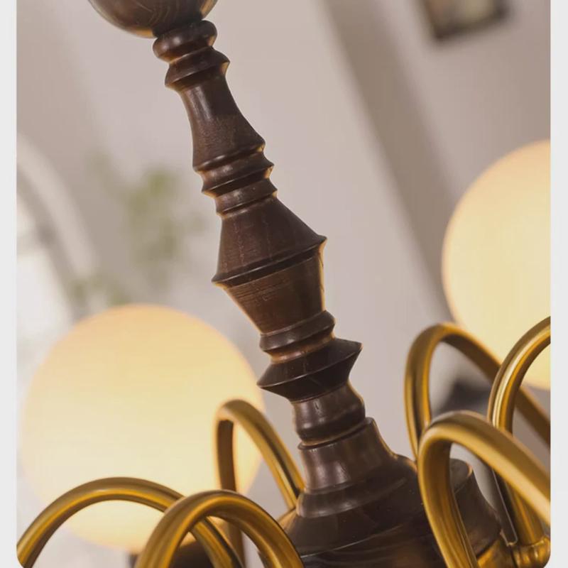 全铜美式复古客厅吊灯中古法式主灯实木玻璃胡桃木色卧室灯具餐厅