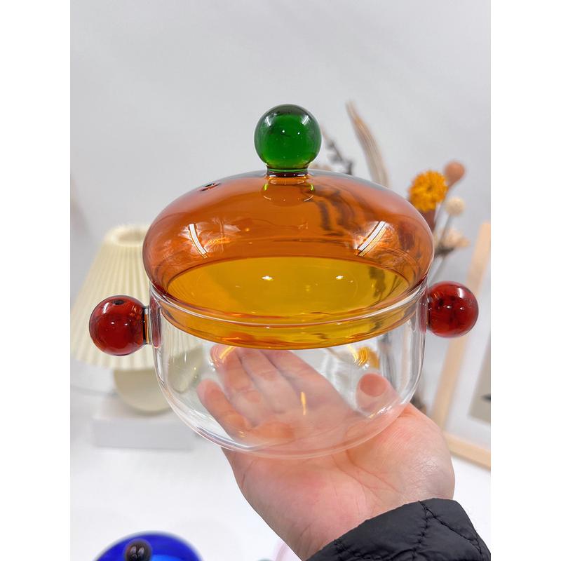 rkt4家用带双耳玻璃碗带盖炖盅高硼硅透明玻璃炖汤盅带盖可明火大