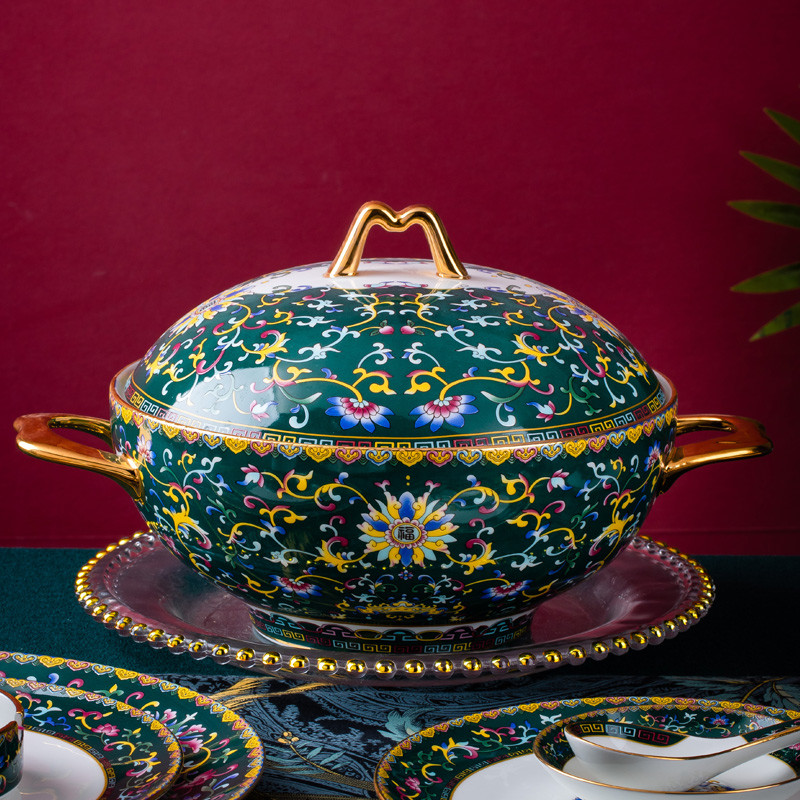 t5lp景德镇骨瓷餐具家用宫廷汤碗双耳朵带盖大号煲富贵煲品锅汤盆