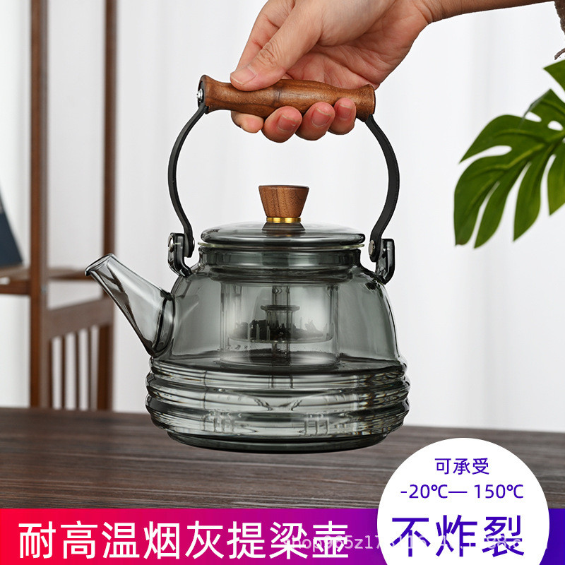 螺纹加厚高硼硅玻璃煮茶壶 胡桃木把蒸煮提梁壶 明火双胆泡茶壶器