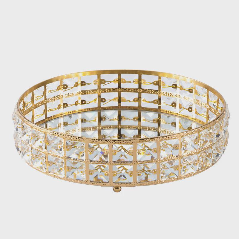 热销轻奢玻璃镜面水果盘客厅茶几水杯茶盘方格托盘圆形置物收纳篮