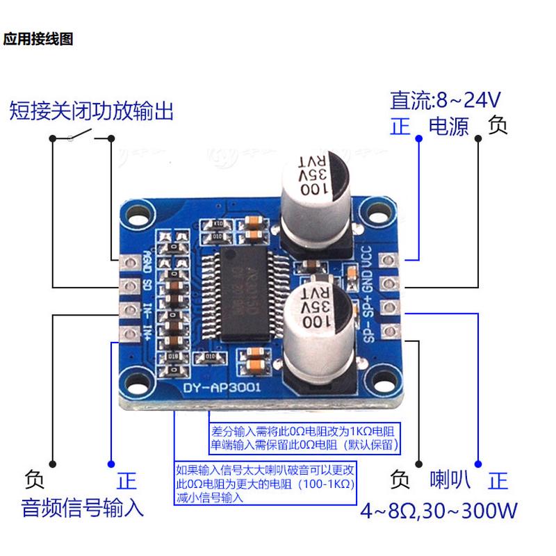 10W/20W/30W大功率功放模块D类数字功放板12V/24V供电DY-AP3001