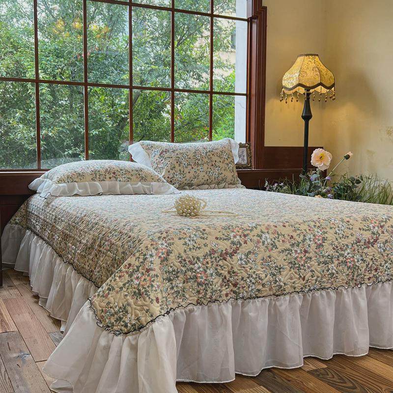 四季通用亲肤棉印花夹棉床盖法式复古水洗棉花边床裙三件套公主风