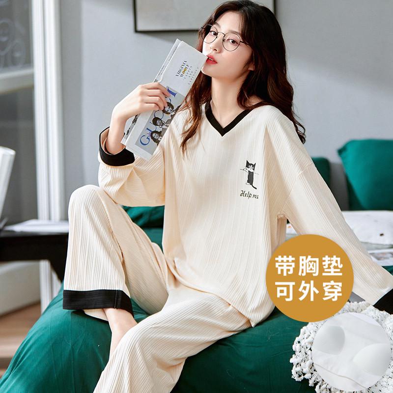 新品睡衣女春秋季纯棉大码学生自带胸垫一体套装长袖夏冬款宽松家