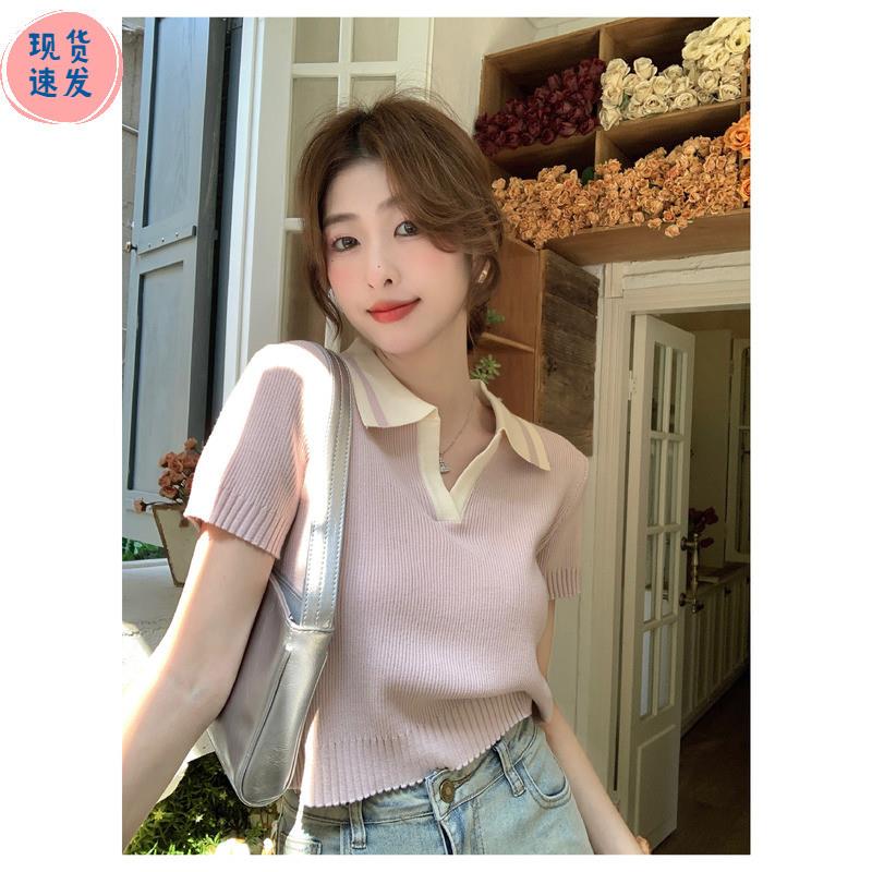 别致绝美夏季法式小众撞色polo领冰丝针织小衫短袖t恤女短款上衣