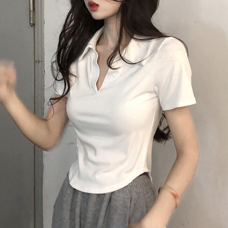 2025夏装新款正肩polo白色短袖t恤女独特漂亮超好看小衫短款上衣