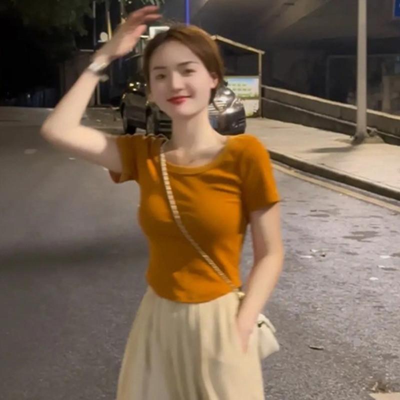 正肩短袖t恤女装夏季2025新款姜黄色修身半袖高腰小个子短款上衣