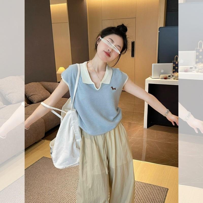 韩系蓝色针织POLO衫冰丝短袖t恤女夏季独特超好看短款翻领上衣