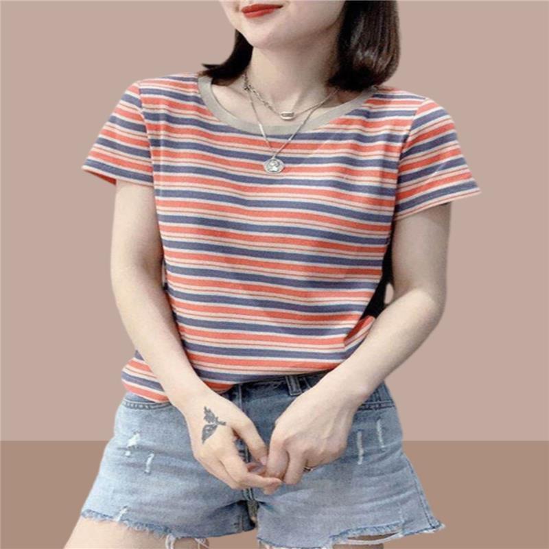 韩国2025夏季新款纯棉短袖t恤女士条纹洋气上衣修身显瘦时尚正肩