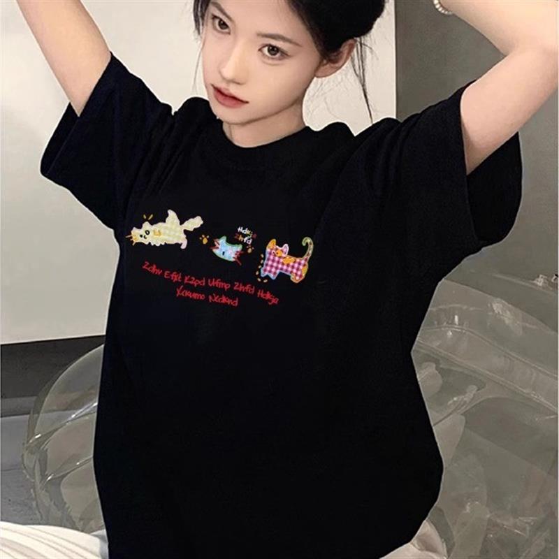重磅纯棉黑色短袖t恤女2025新款爆款夏季正肩美式半袖宽松上衣