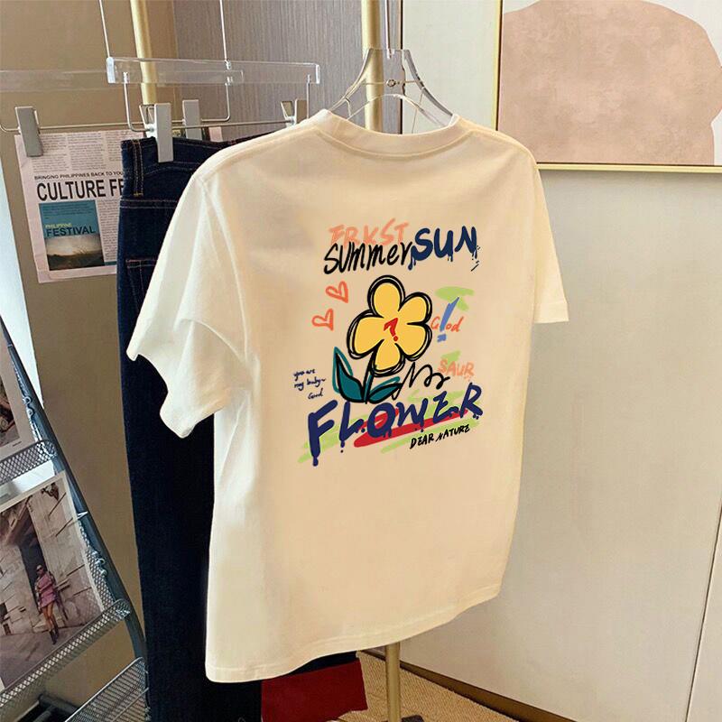 欧货杏色卡通印花短袖t恤女2025夏新款白色纯棉正肩宽松半袖上衣