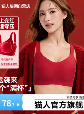 猫人本命年红色内衣女士无痕聚拢大胸显小收副乳上托防下垂文胸罩