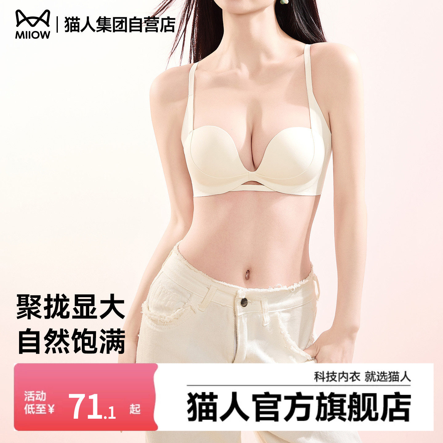 猫人内衣女聚拢小胸显大无痕立体承托美背提拉收副乳防下垂文胸罩