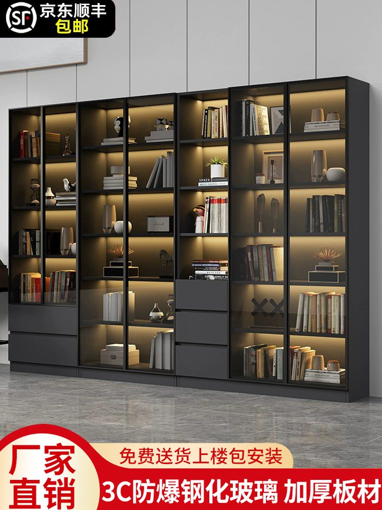 书柜一体整墙到顶带玻璃门实木轻奢定制展示柜家用客厅书橱满墙柜