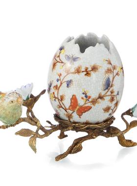 欧式陶瓷镶铜装饰小鸟缺口蛋形花瓶花插摆设工艺品书房笔筒摆件