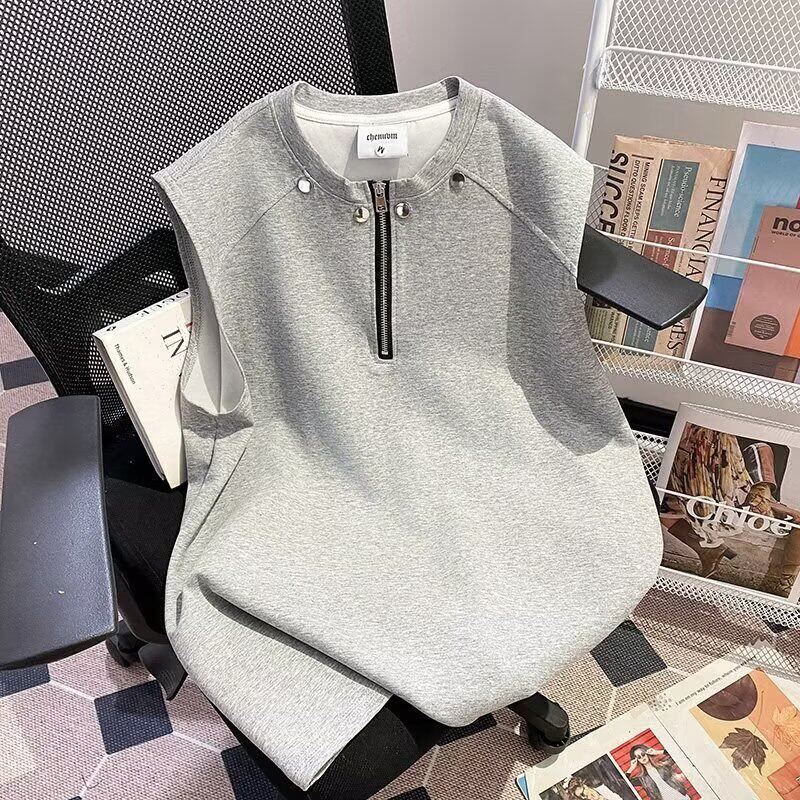 美式半拉链铆钉坎肩背心男款夏季cleanfit宽松痞帅显肌肉无袖t恤