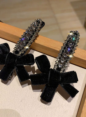复古丝绒蝴蝶结发夹小香风灰色水钻高级感刘海夹一字夹边夹女