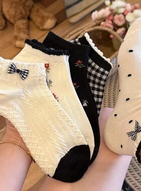 可爱白色夏季袜子女短筒船袜低帮不掉跟蝴蝶结花边透气日系短袜薄