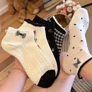 可爱白色夏季袜子女短筒船袜低帮不掉跟蝴蝶结花边透气日系短袜薄
