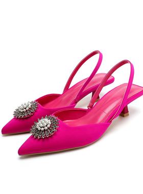 ZAR!2022新款 女鞋玫红色 黑色亮饰水钻尖头低跟气质春夏婚鞋