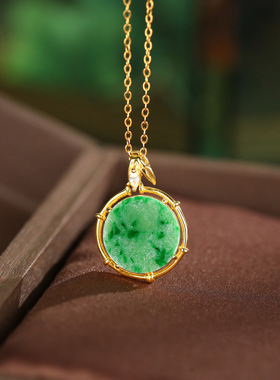 S925纯银镀金镶嵌天然A货干青翡翠无事牌竹节精致唯美复古新中式