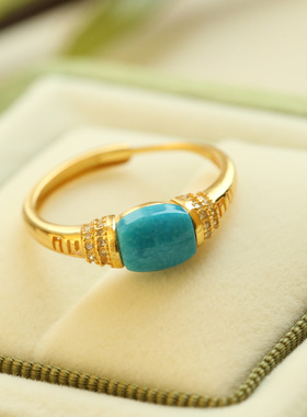 S925纯银镀金镶嵌绿松石戒指复古简约活口精致个性新款百搭显白