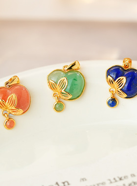 S925银镀金天然青金石南红非洲翠葫芦吊坠简约时尚百搭优雅项饰