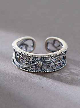 s925银复古九尾狐镂空开民族风图腾开口戒指个性潮流时尚