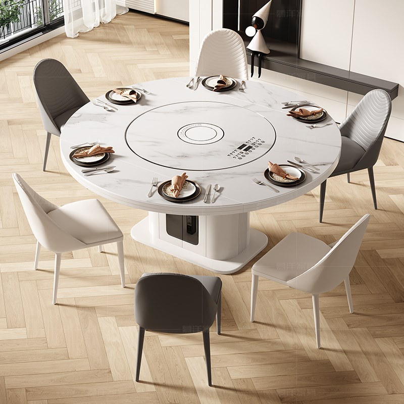 岩板餐桌家用2024新款现代简约轻奢多功L能电磁炉内嵌转盘一体伸