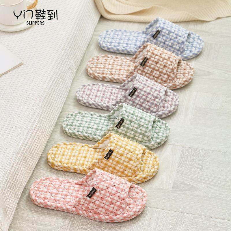 新版纯棉布艺春秋居家木地板拖鞋静音布底防滑格子情侣男女四季拖