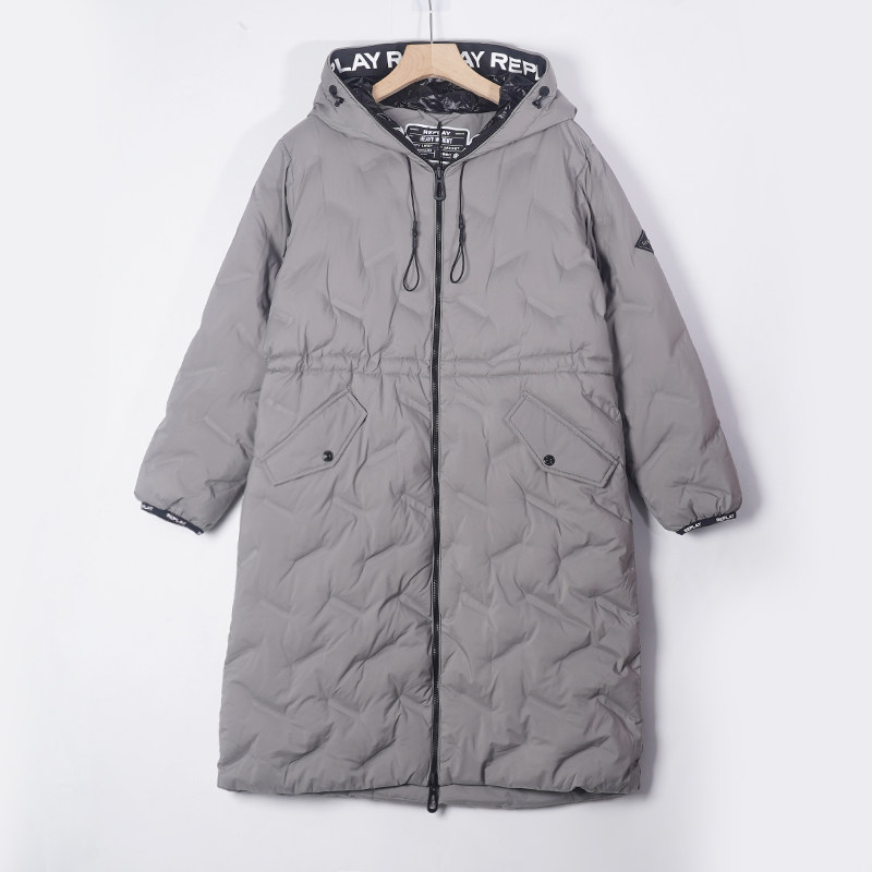 Replay意大利轻奢潮牌女士连帽菱形格长款防风棉服外套护膝宽松