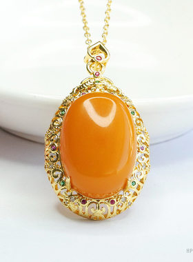 玉金珠宝: 天然琥珀吊坠满蜜鸽子蛋老蜜蜡项链f3121314