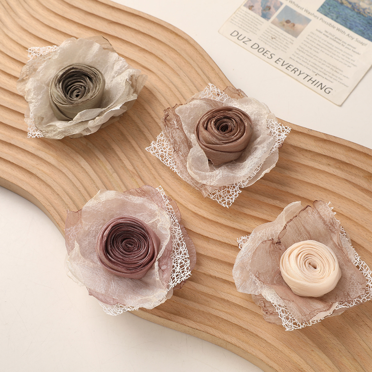 日系清冷感干枯玫瑰花晕染烧边网纱蕾丝DIY手工发饰服装辅料配件