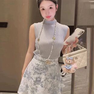 25夏季新款韩版减龄高领坑条无袖针织背心高腰水墨印花短裙套装