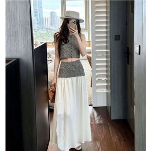 夏日新款韩系穿搭褶皱背心拼接半身裙两件套装女