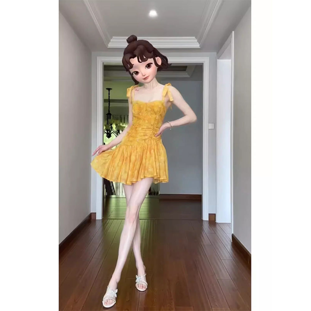 茶歇法式绝美黄色吊带连
