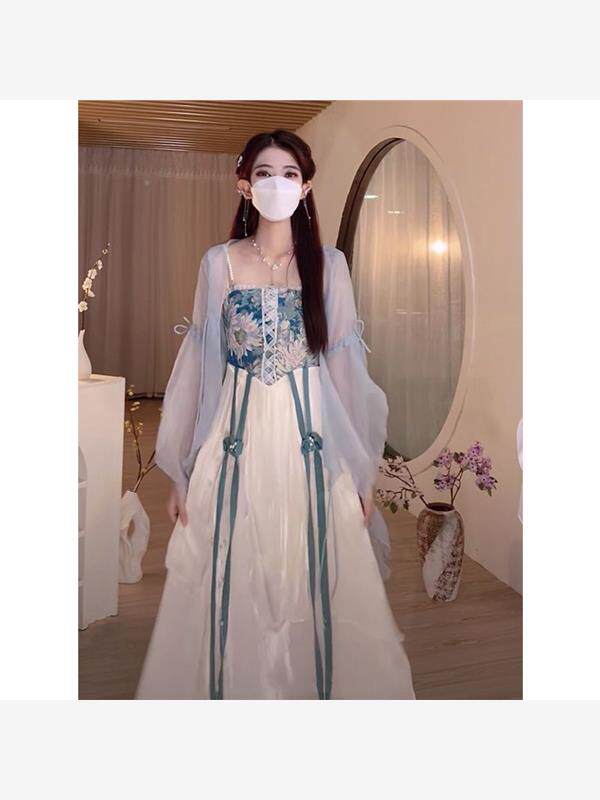 新中式国风改良宋制汉服吊带连衣裙子女2024年夏季茶系穿搭一整套