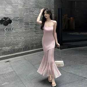 吊带连衣裙女夏季新款气质拼接收腰包臀修身鱼尾针织长裙