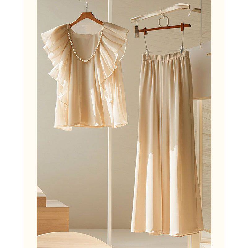 夏装搭配一整套小个子减龄洋气时尚高端杏色薄纱上衣裤子职业套装