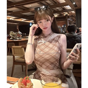 原创定制 法式复古格纹连衣裙蕾丝拼接设计无袖短裙女