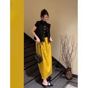 新中式国风女装2024黄色连衣裙子唐装盘扣马甲裙子套装轻奢高级感