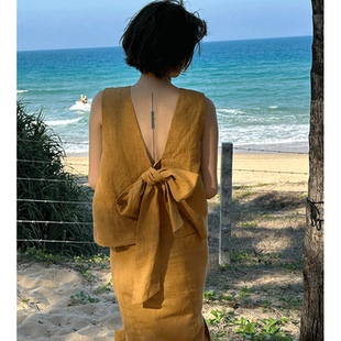 夏季休闲风棕色蝴蝶结无袖上衣半身裙两件套女