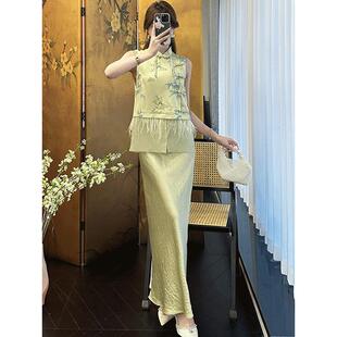 2024夏季新中式国风高级感减龄洋气时尚薄荷曼波风绿色马甲套装裙